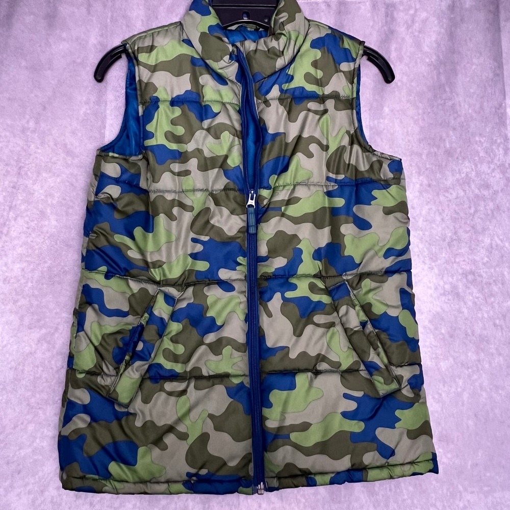 Lands' End Puffer Vest Kids M 10-12 Blue Green Camo Excellent Quilted Full Zip